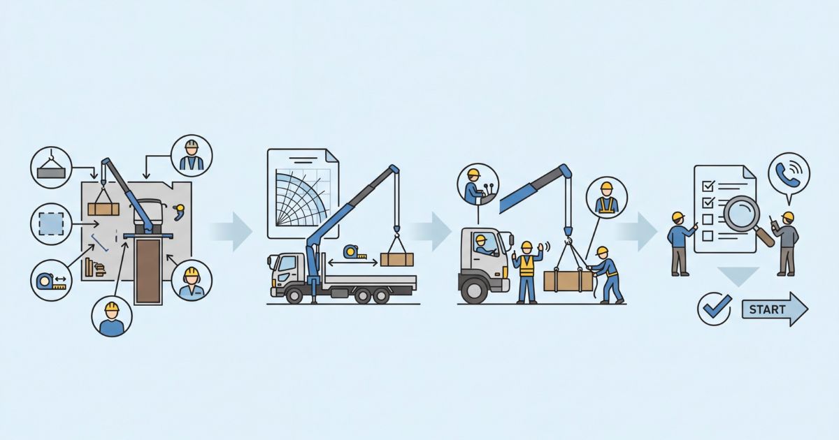 ユニック車作業前の確認順序と役割分担を示したフロー図