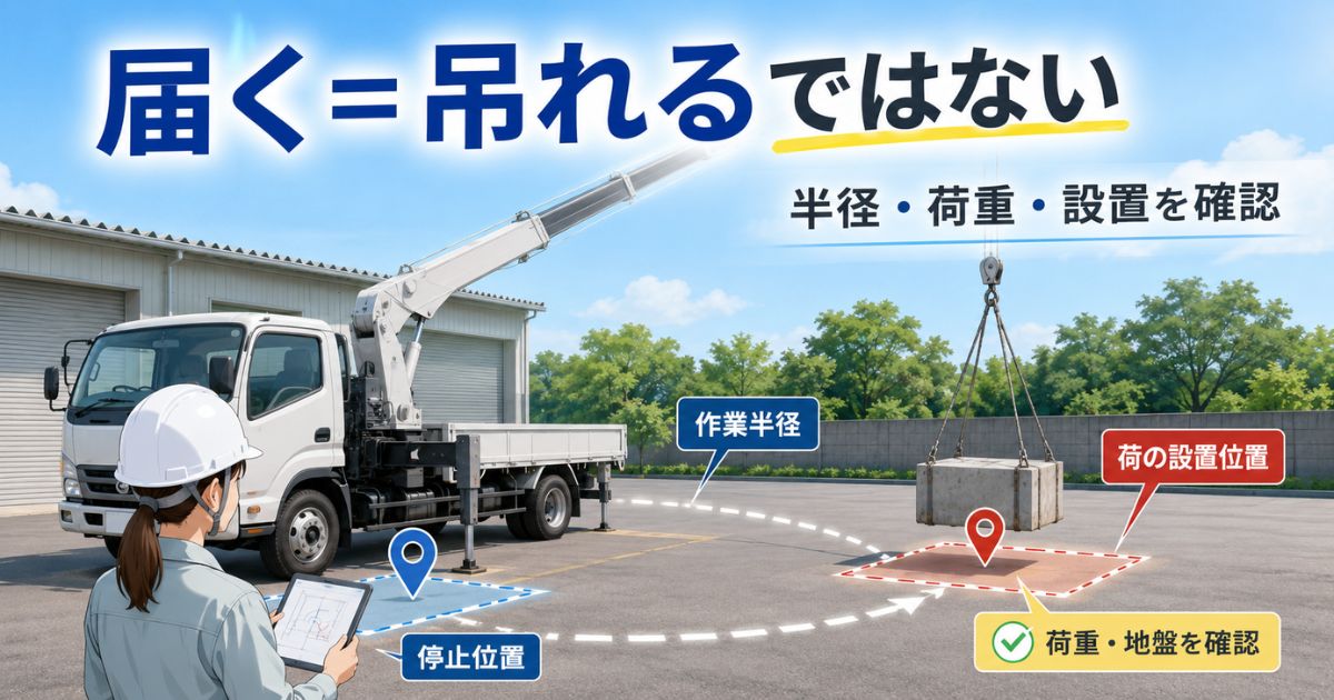 ユニック車の吊り上げ範囲は届く距離だけでなく作業半径・荷重・設置条件で確認することを示す画像