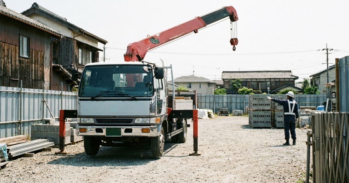 ユニック車が作業前に停車し、吊り位置と距離感を確認している様子（吊り上げ範囲のイメージ）