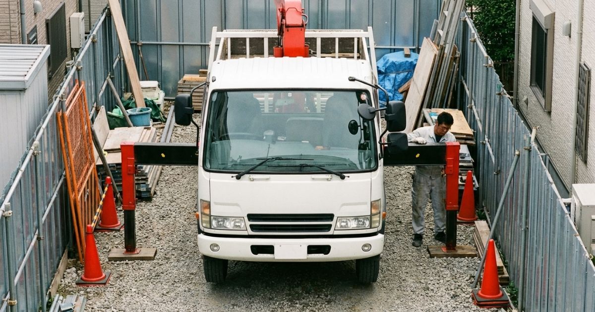 ユニック車の作業前に資料を確認し、作業半径と荷重条件を照合している様子(能力表照合のイメージ)