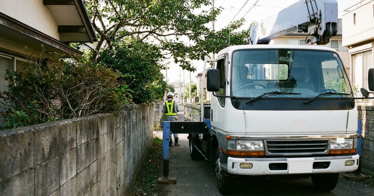 アウトリガー設置と障害物の位置関係を確認している様子(設置条件で有効範囲が変わるイメージ)