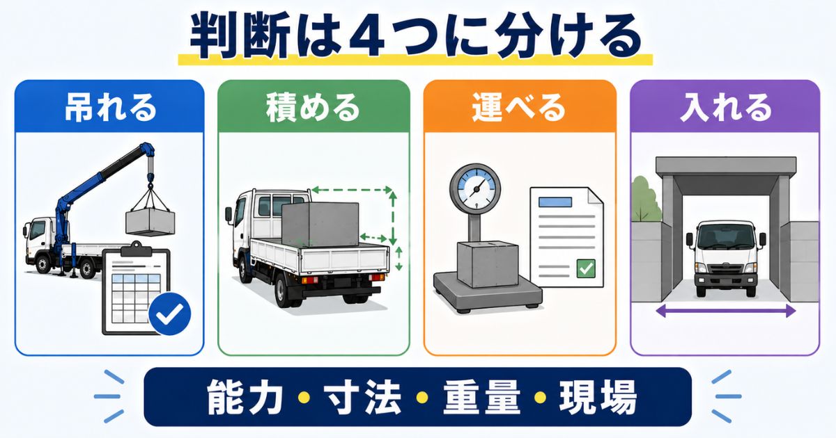 ユニック車の作業可否を吊れる積める運べる入れるの4つに分けて確認する図解