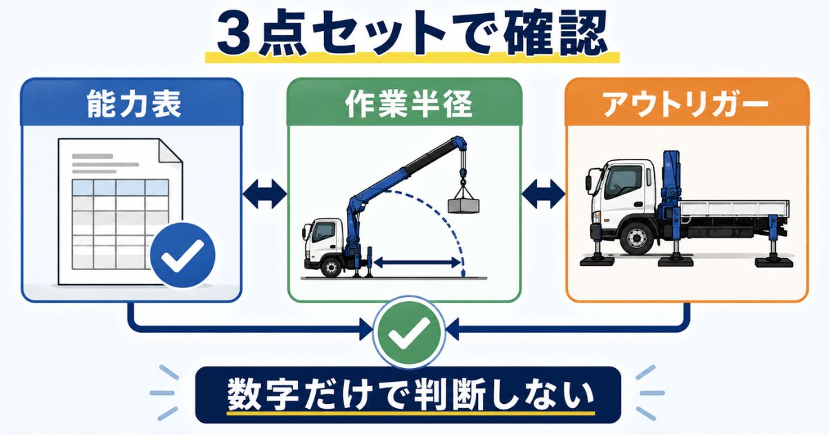 ユニック車の定格荷重を能力表と作業半径とアウトリガー条件で確認する図解