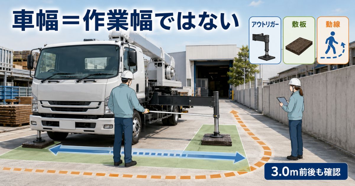 ユニック車の作業時幅としてアウトリガー・敷板・動線を確認している現場イメージ