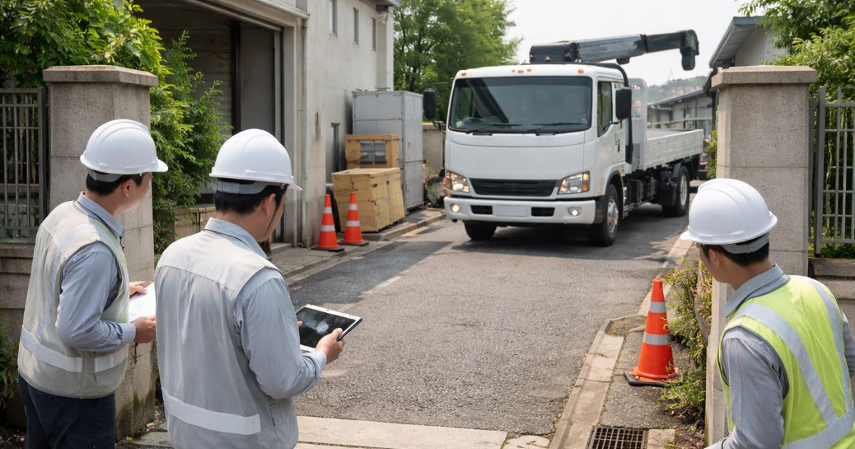 進入前に有効幅と障害物を確認する現場イメージ