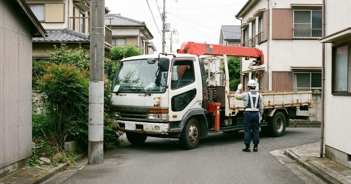 曲がり角でユニック車が切り返しを要しそうな状況(全長が効く場面の例)