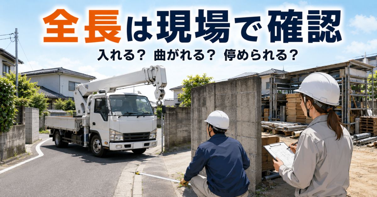 ユニック車の全長を車検証と現場条件で確認し進入路や曲がり角を確認している場面