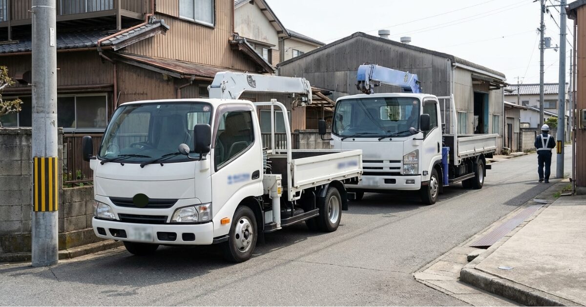 住宅街の道路で2tと3tのユニック車が並び、全長の違いがイメージできる写真