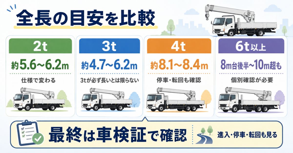2t・3t・4t・6t以上のユニック車の全長目安を比較し最終確認は車検証で行う図解