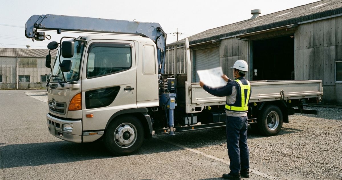 手配前に車検証の全長を確認している様子(全長判断の基準を揃えるイメージ)