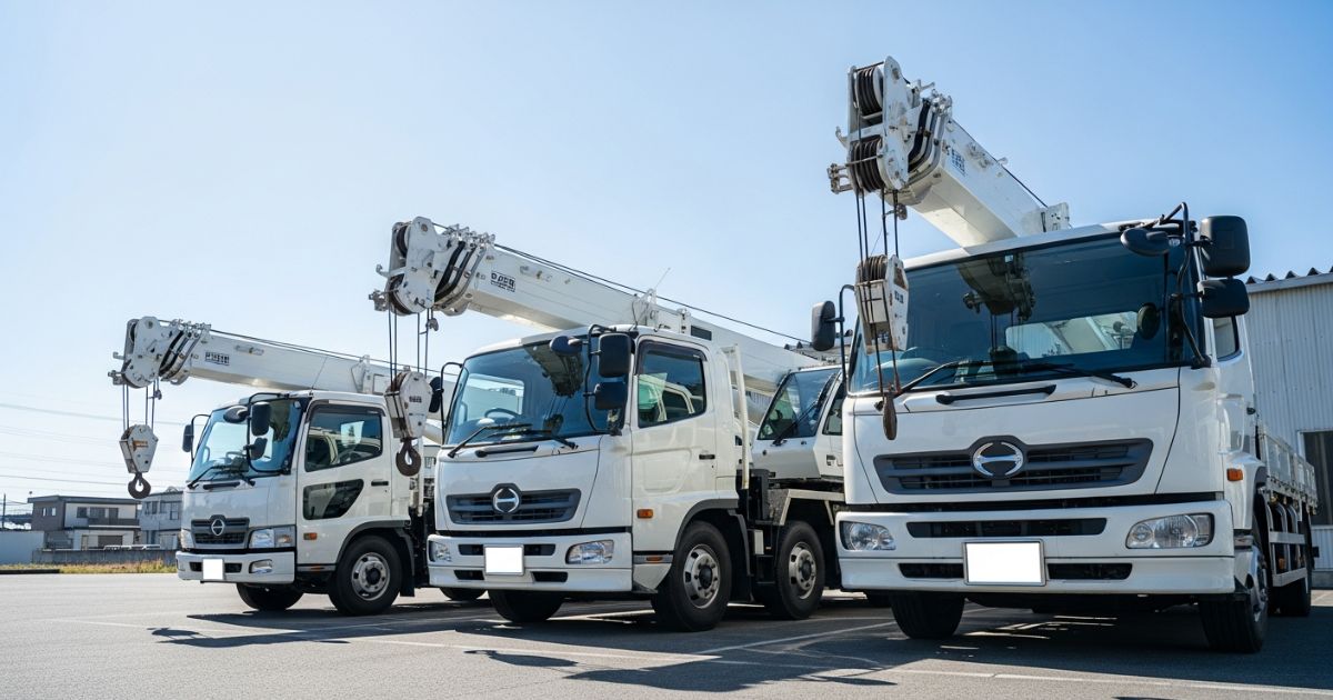 2t・3t・4tのユニック車が並び、車両クラスごとのサイズ感を比較できる構図