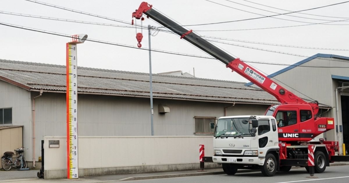 ユニック車の全高と頭上にある電線や庇とのクリアランスを確認している現場のイメージ