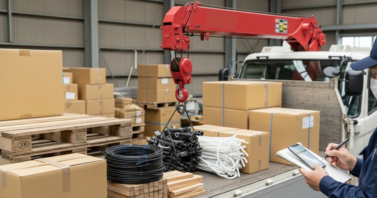 ユニック車で複数の資材を積載し、重量や数量を確認しながら合算している作業風景