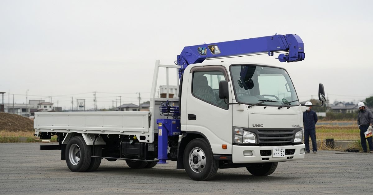 ユニック車(荷台付きのトラック搭載型クレーン)が停車している様子