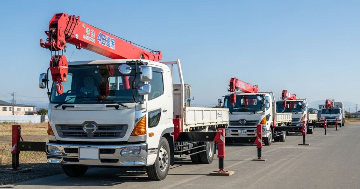 住宅地の道路でユニック車がアウトリガーを展開し、設置スペースと安定性を確認している様子
