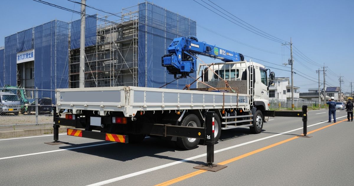 ユニック車が道路上でアウトリガーを張り、積載と作業条件を確認している現場