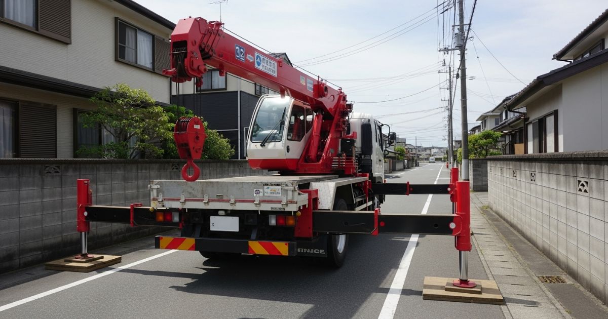 ユニック車が道路端でアウトリガーを展開しており、設置スペースや段差の影響を確認している現場