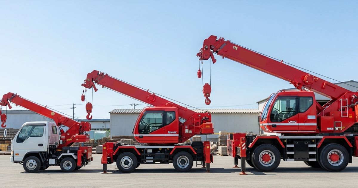 小型・中型・大型のユニック車が作業場に並び、車格の違いが分かる比較写真
