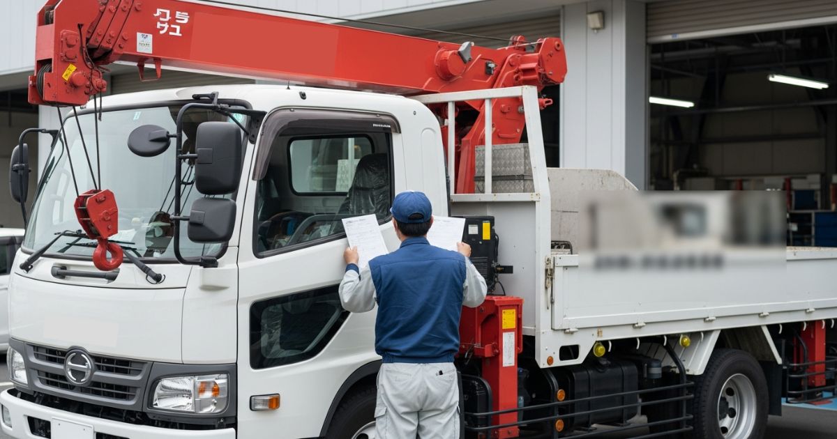 ユニック車の運転者が車検証を確認し、最大積載量をチェックしている様子