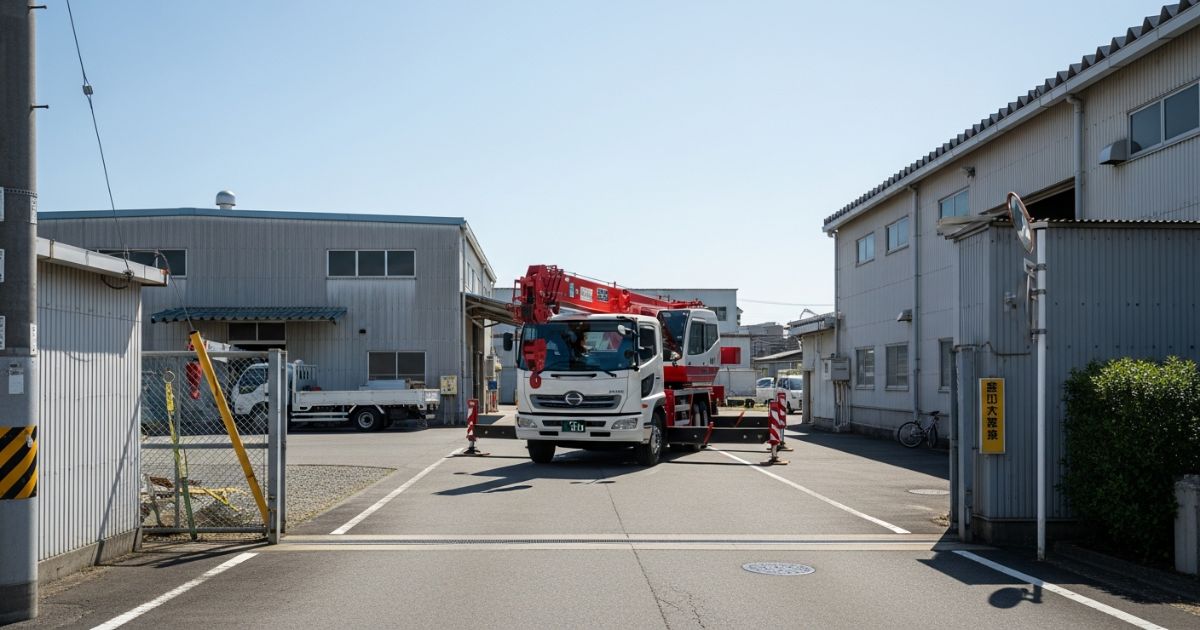 ユニック車が敷地内の進入路で停車し、道路幅や曲がり角の余裕を確認している様子