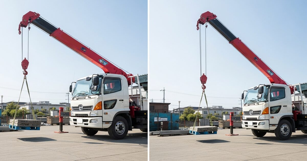 ユニック車が資材を吊り上げている様子(作業半径や吊り条件の違いをイメージできる)