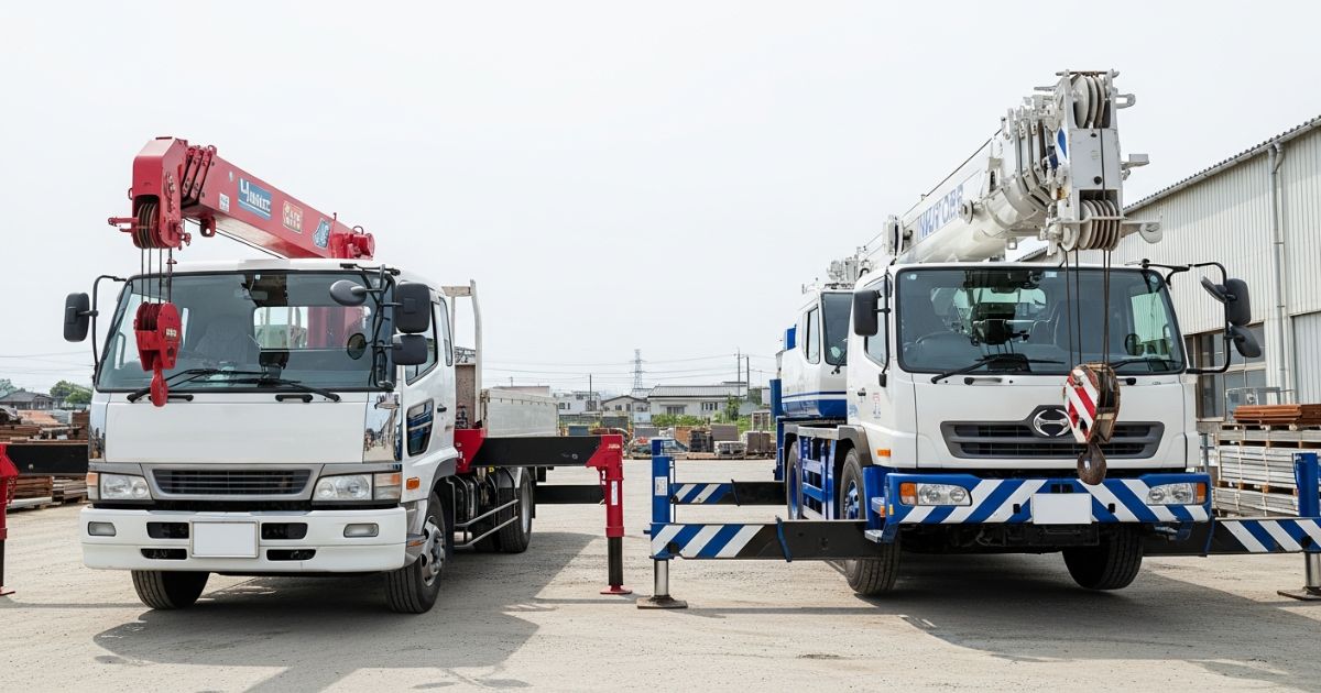 ユニック車とクレーン車が並んで停車している比較用の写真