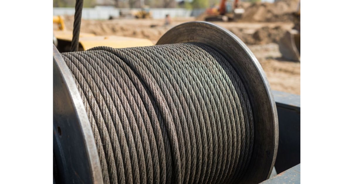 ユニック車クレーンのワイヤードラムにロープが整列して巻かれており、長さと巻取り余裕を確認できる状態