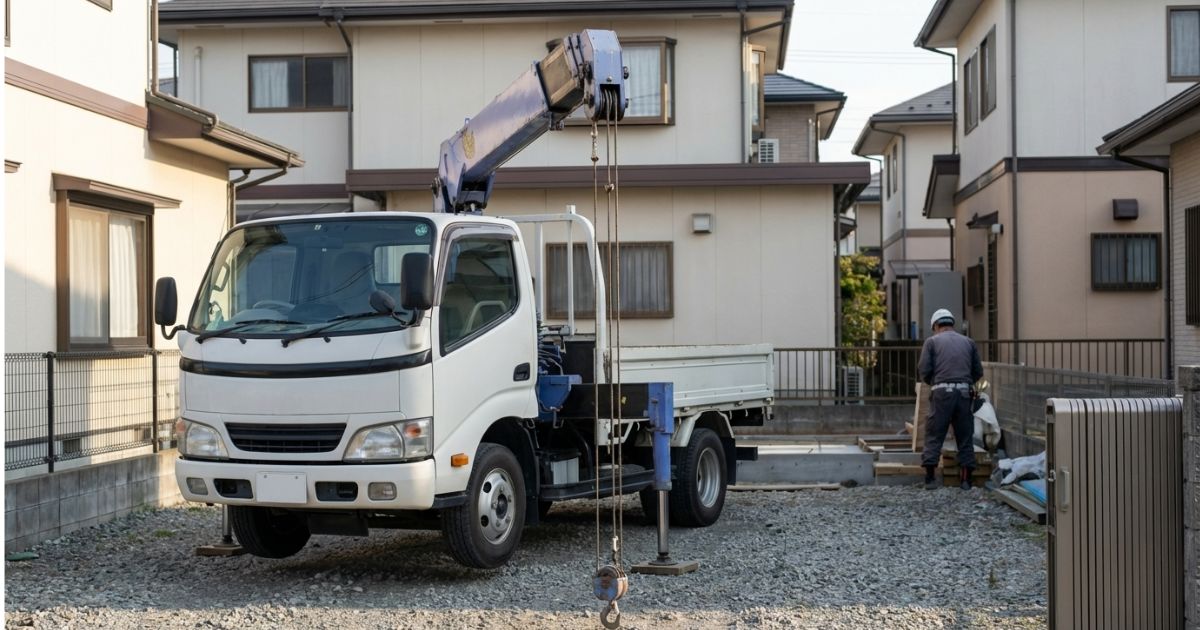 小型ユニック車が待機し、ブーム先端からワイヤーロープが垂れて長さの取り回しが分かる様子