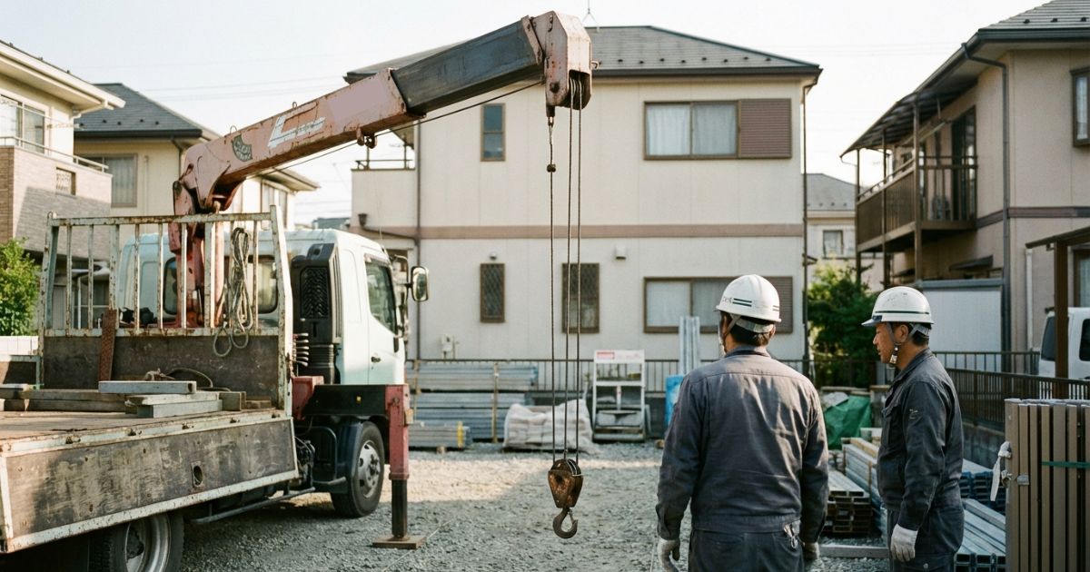 ユニック車のワイヤーロープとフックを作業前に点検している様子