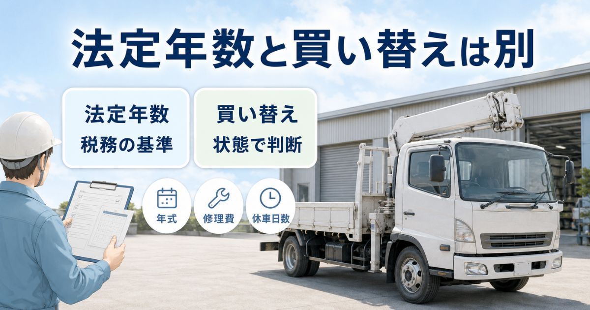 無地のクレーン付きトラックと書類を確認する担当者の横に、法定年数は税務の基準、買い替えは車両状態で判断することを示した構成