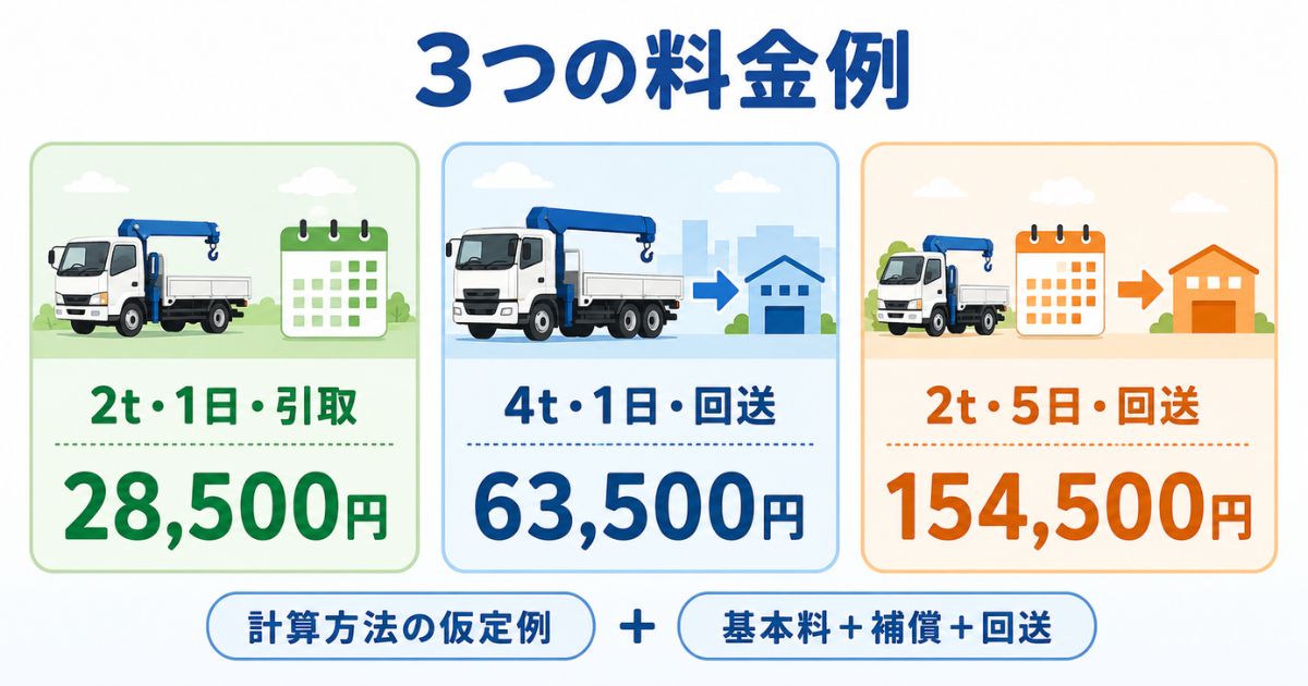 2t・4tユニック車の1日・複数日・回送ありの概算料金3例を比較した図解