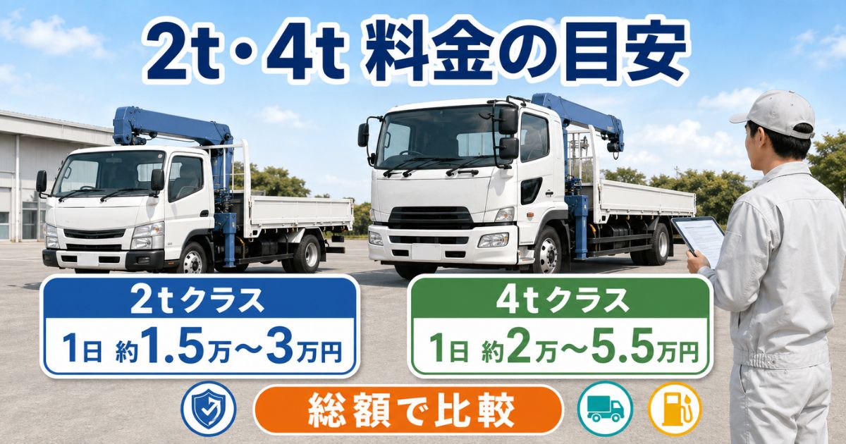 2t・4tクレーン付きトラックの日額料金目安と支払総額で比較する重要性を示したアイキャッチ