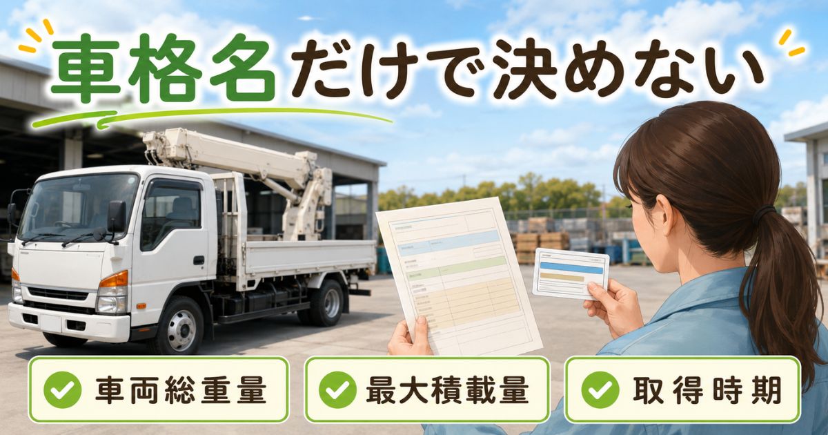 ユニック車の車格名だけで判断せず車検証と免許証を照合する女性担当者