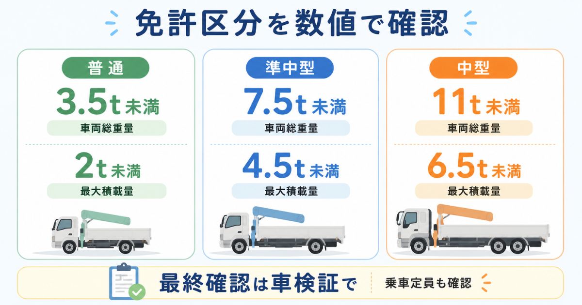 普通・準中型・中型免許の車両総重量と最大積載量を比較した図解