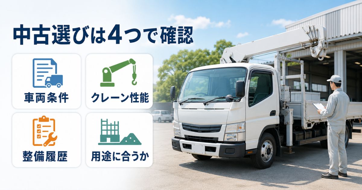 中古ユニック車を車両条件・クレーン性能・整備履歴・用途適合の4項目で確認する場面