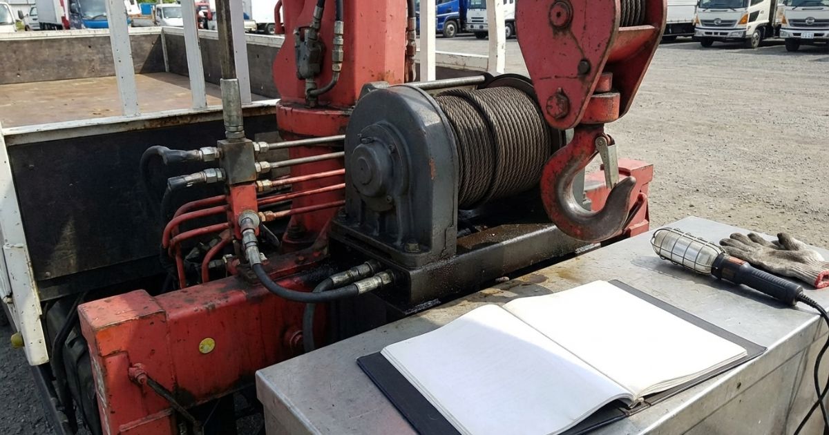中古ユニック車のクレーン装置周辺を点検し、ワイヤや漏れの兆候を確認するイメージ