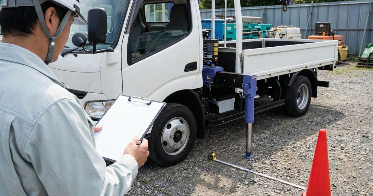 中古ユニック車の性能表を参照しながら作業半径の前提を確認している場面