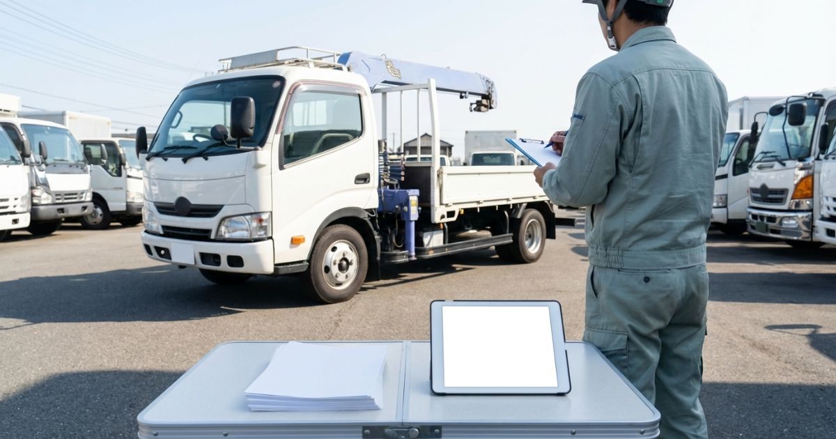 中古ユニック車の展示場で車両と点検記録・性能表を確認している様子
