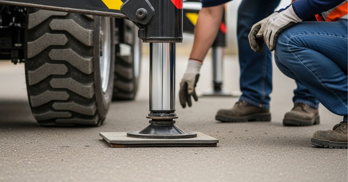 アウトリガー先端を敷板に載せ、接地面と安定を確認しているクローズアップ