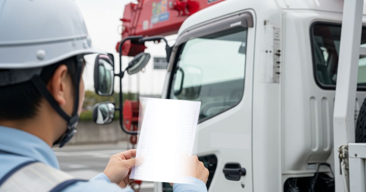 ユニック車の車検証情報を確認し、車両条件から必要な運転免許を判断している様子