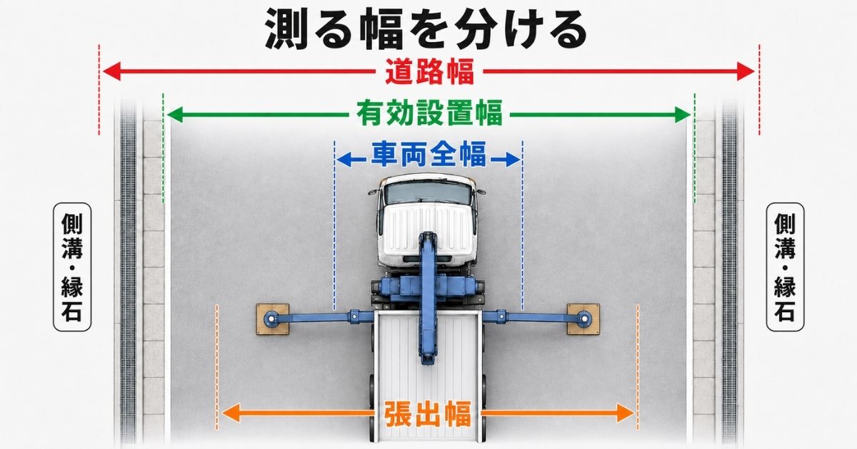 道路幅・有効設置幅・車両全幅・アウトリガー張出幅の測定範囲