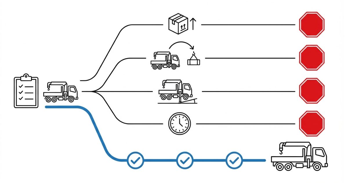 重量増・半径増・設置不足・工程制約で中断に至る分岐を示した文字なし図解