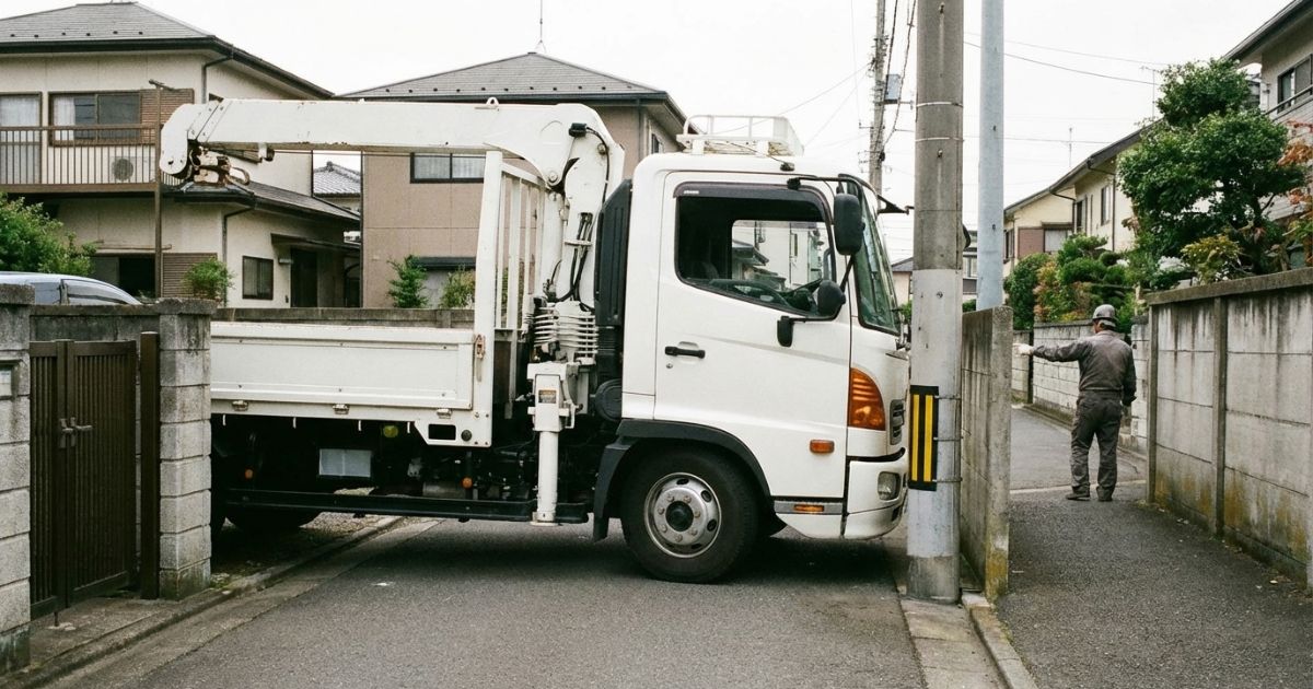 2tと4tユニック車で進入性や据え付け条件を比較する現場イメージ