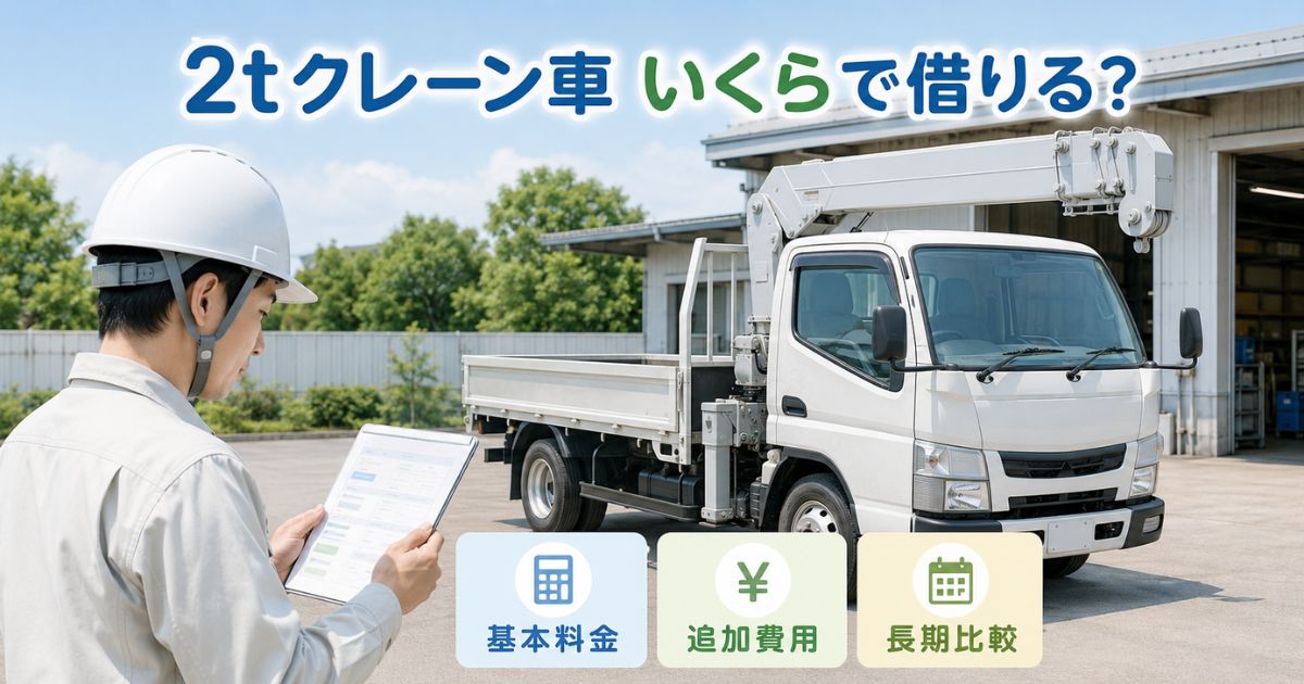 2tクレーン付きトラックを前に見積書を確認し、基本料金・追加費用・長期利用を比較している場面