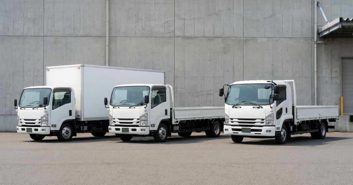 2トントラックの標準・ロング・ワイドを並べて寸法差を比較できるイメージ