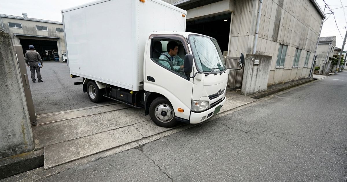 2トントラックで入口の曲がり角がタイトな現場を想定し、切り返し確認が必要になるイメージ