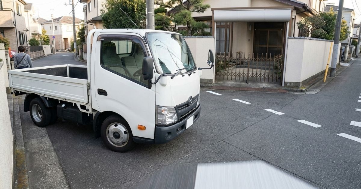 狭い住宅街の道路で2トントラックのショートボディが停車し、進入性と小回りの良さが分かる様子
