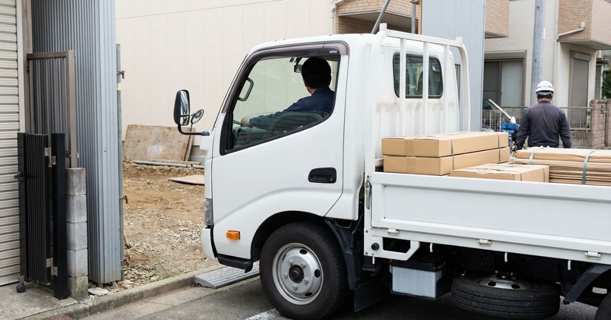 2tショートが現場進入前に入口幅や段差、曲がり角を確認している場面