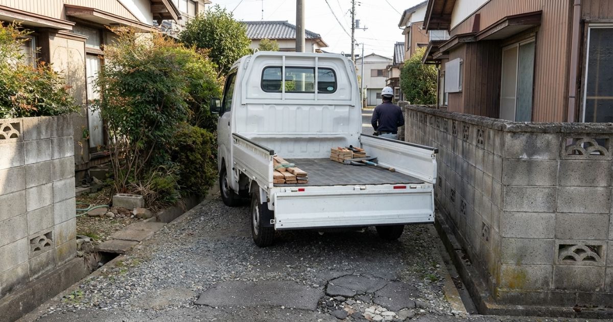 狭い敷地内で2tショートが切り返し前に停止し、旋回余白の限界が分かる様子