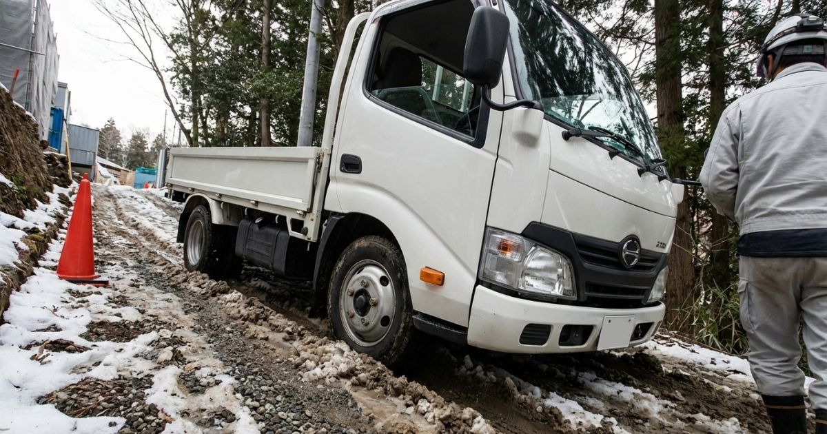 未舗装の坂で停止後に再発進が必要になり空転やスタックが起きやすい状況を示す2トントラックのイメージ